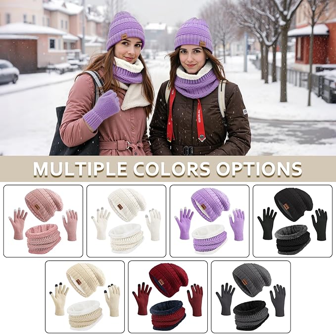 Winter Hats for Women Beanie Hat Warm Thick Knit Skull Cap Hat and Scarf Gloves Sets