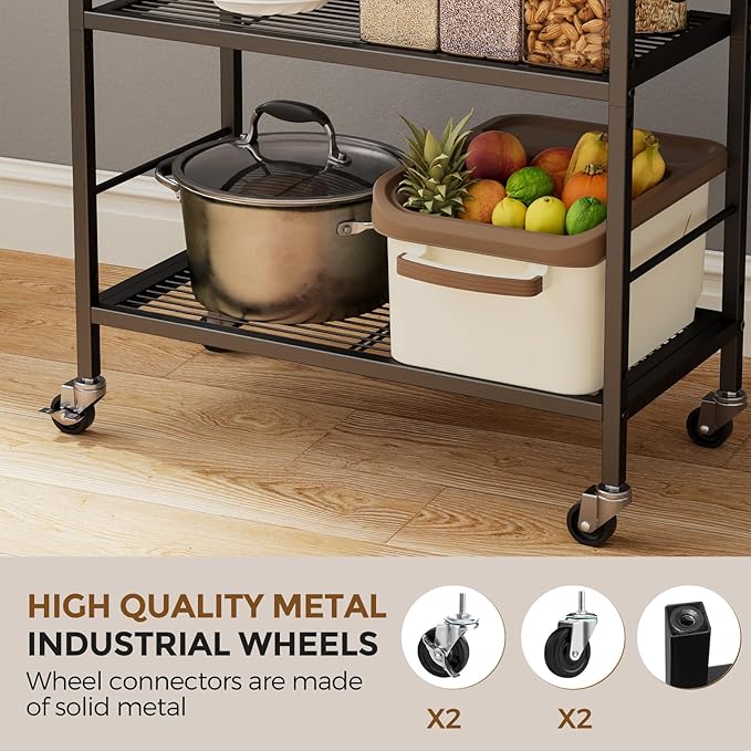 XIVIRACK 3-Tier Metal Storage Rack with Industrial Wheels,Mesh Shelving Unit with Wooden Table top,Adjustable Shelf,23.6-Inch Width,15.8-Inch Depth, for Kitchen, Laundry,Pantry,Plant,Black