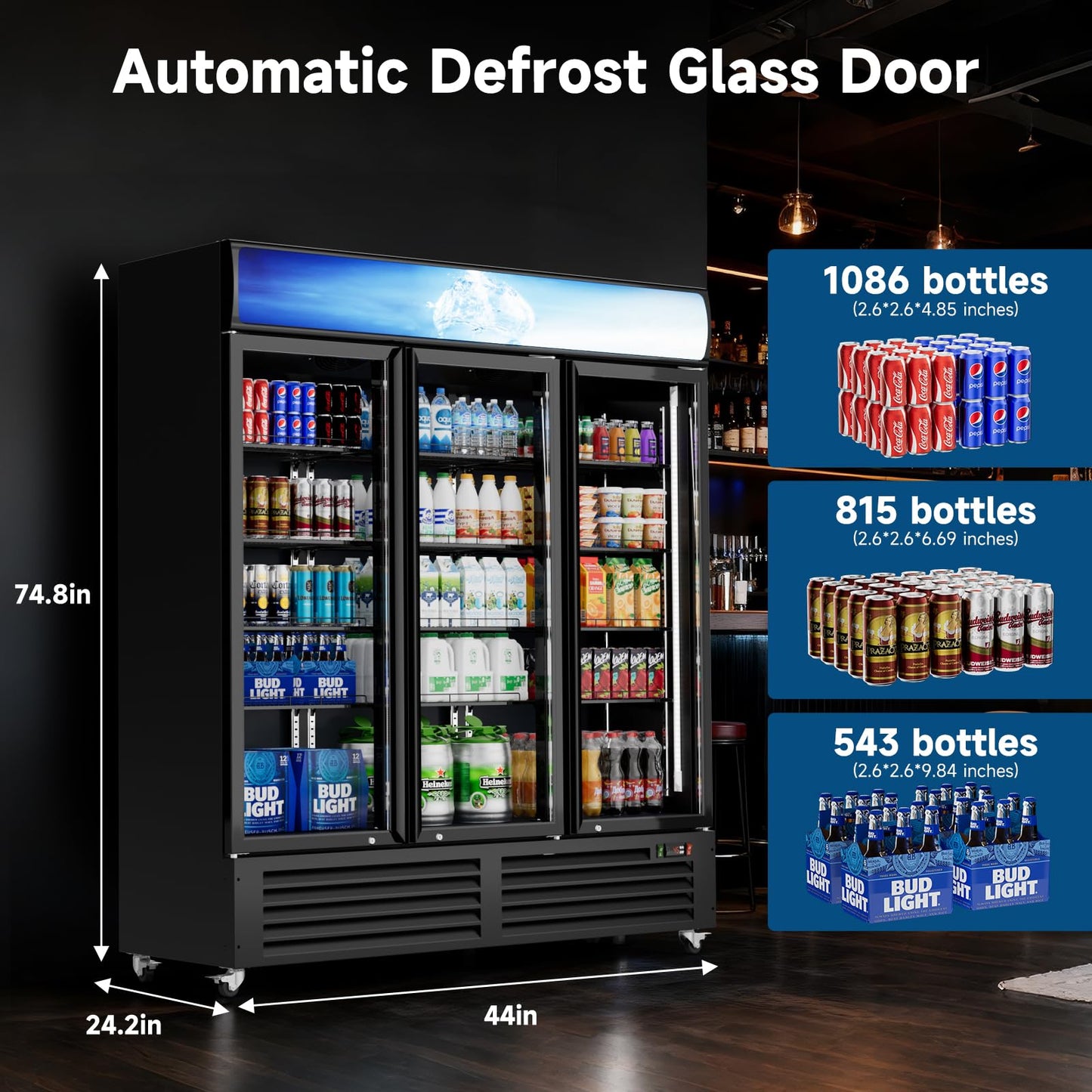 Cintva Commercial Beverage Refrigerator 56 Cu Ft, Commercial Display Fridge with Glass Door, Upright Merchandiser Refrigerator Cooler with Front LED Light for Stores, Restaurant, Office