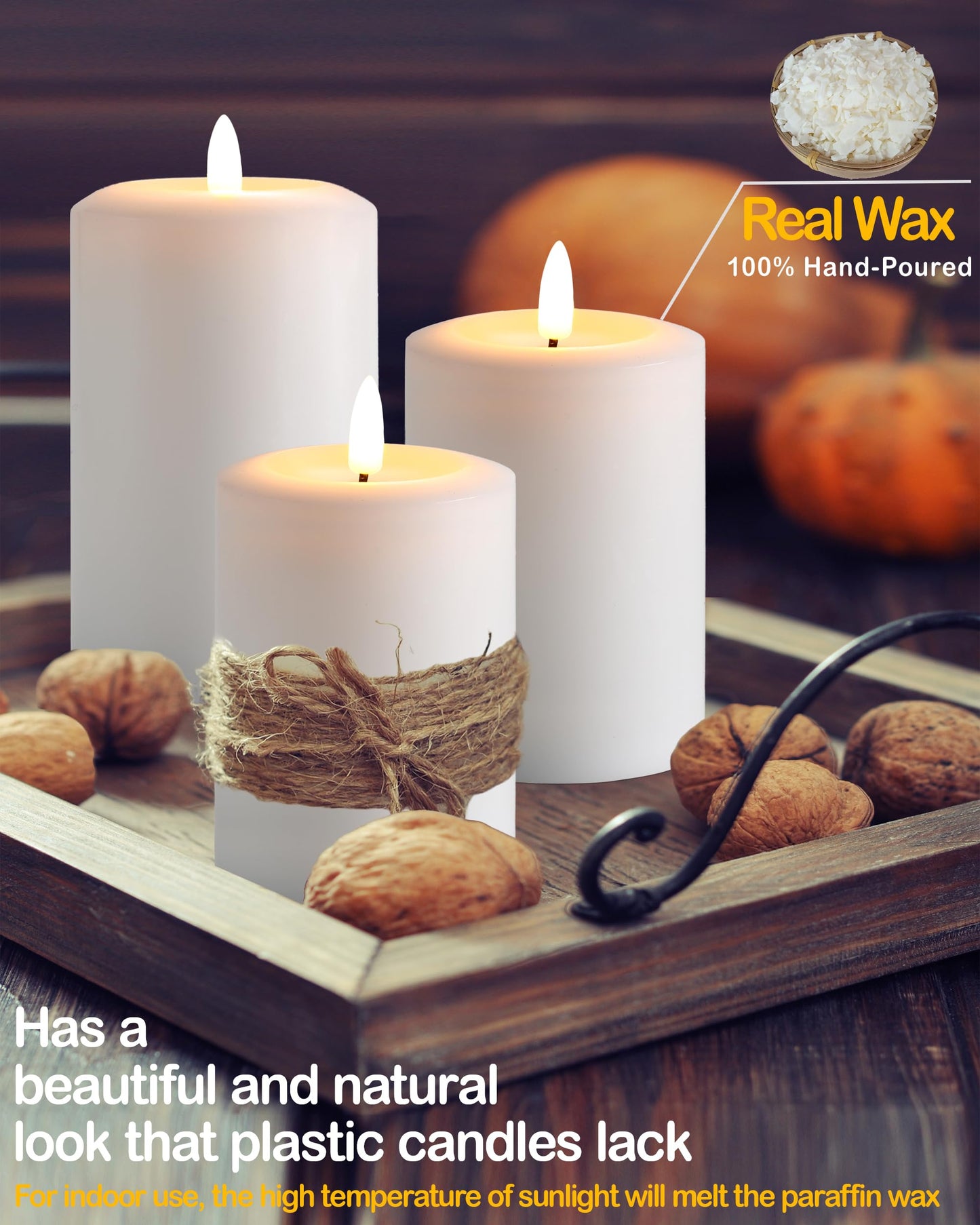 Gmnee 3"x5" Flickering Flameless Candles with Remote Timer, Real Wax, White Pillar Candles, Set of 3 Large LED Battery Operated Candles for Home, Fireplace, Centerpiece, Rustic and Farmhouse Decor