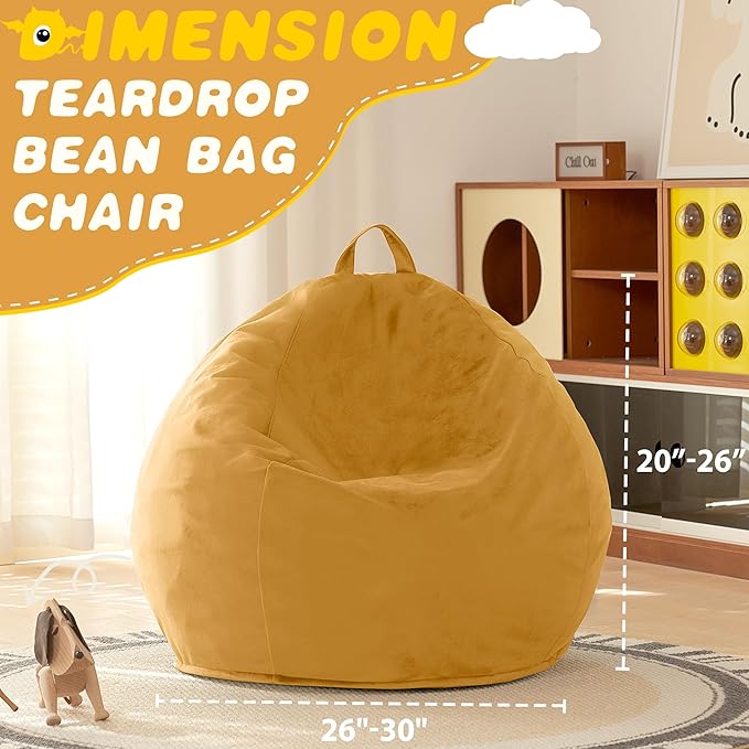 HABUTWAY 2FT Bean Bag Chair, 2' Beanbags Small Bean Bag Chairs with Filling, Teardrop Bean Bag Chair Luxurious Velvet Ultra Soft Fur with Removable Cover(Mustard)