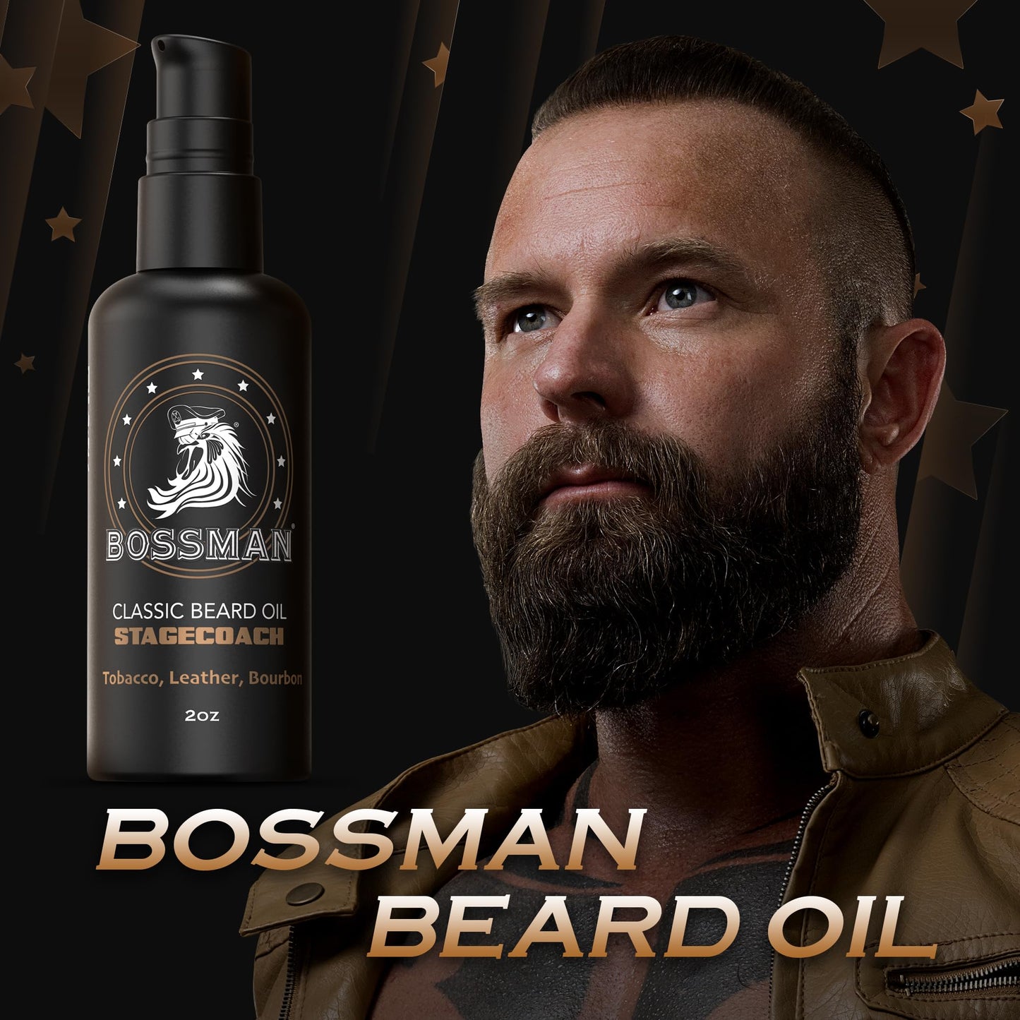 Bossman Organic Mustache & Beard Oil for Men, 2 oz - Natural Beard Moisturizer with Jojoba, Argan & Avocado Oils (Stagecoach Sce