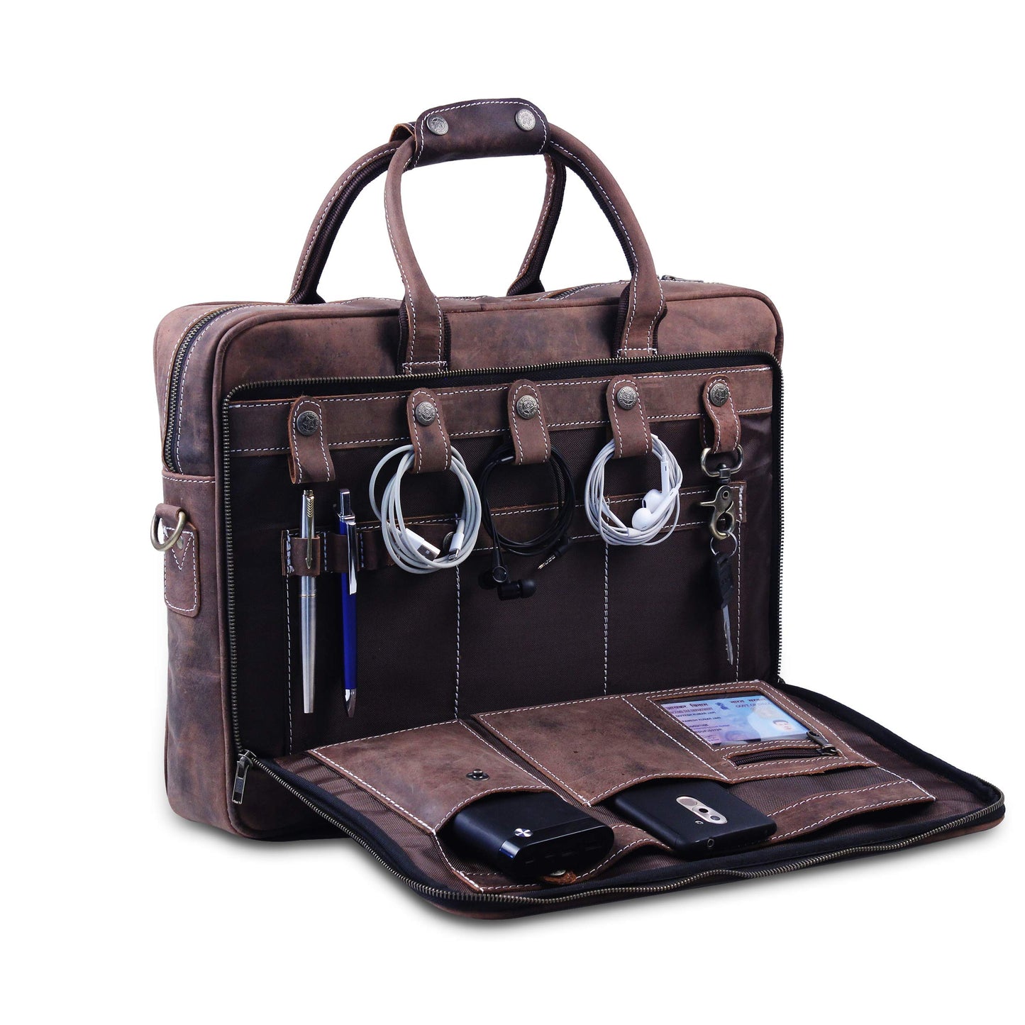 18 Inch Genuine Leather Briefcase for Men and Women, Vintage Messenger Bag, Large Laptop Shoulder Satchel, Professional Business Office Work Bag with Luggage Strap, Handcrafted, Dark Brown
