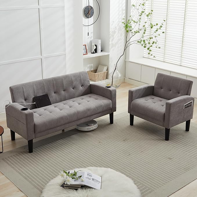 TYBOATLE Sofa Couch, Living Room Furniture Sectional Sofa Sets 2 Pic, Tufted Mid-Century Loveseat w/USB, Cupholders & Comfy Single Sofa for Small Space, Apartment, Office (Light Grey)