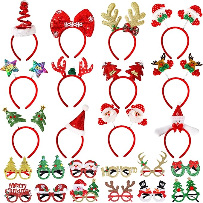 Max Fun 24 Pieces Christmas Glasses Frame and Headbands Set Cute Christmas Decoration Accessories for Holiday Party Favors...