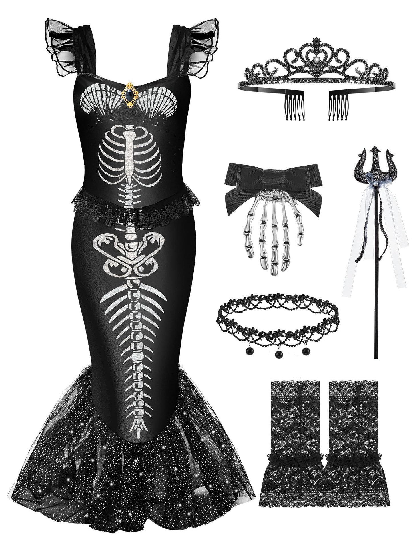Liitrsh 6 Pcs Girls Halloween Skeleton Costume for Kids Fishtail Mermaid Dress with Accessories for Toddler Cosplay(8,Black)