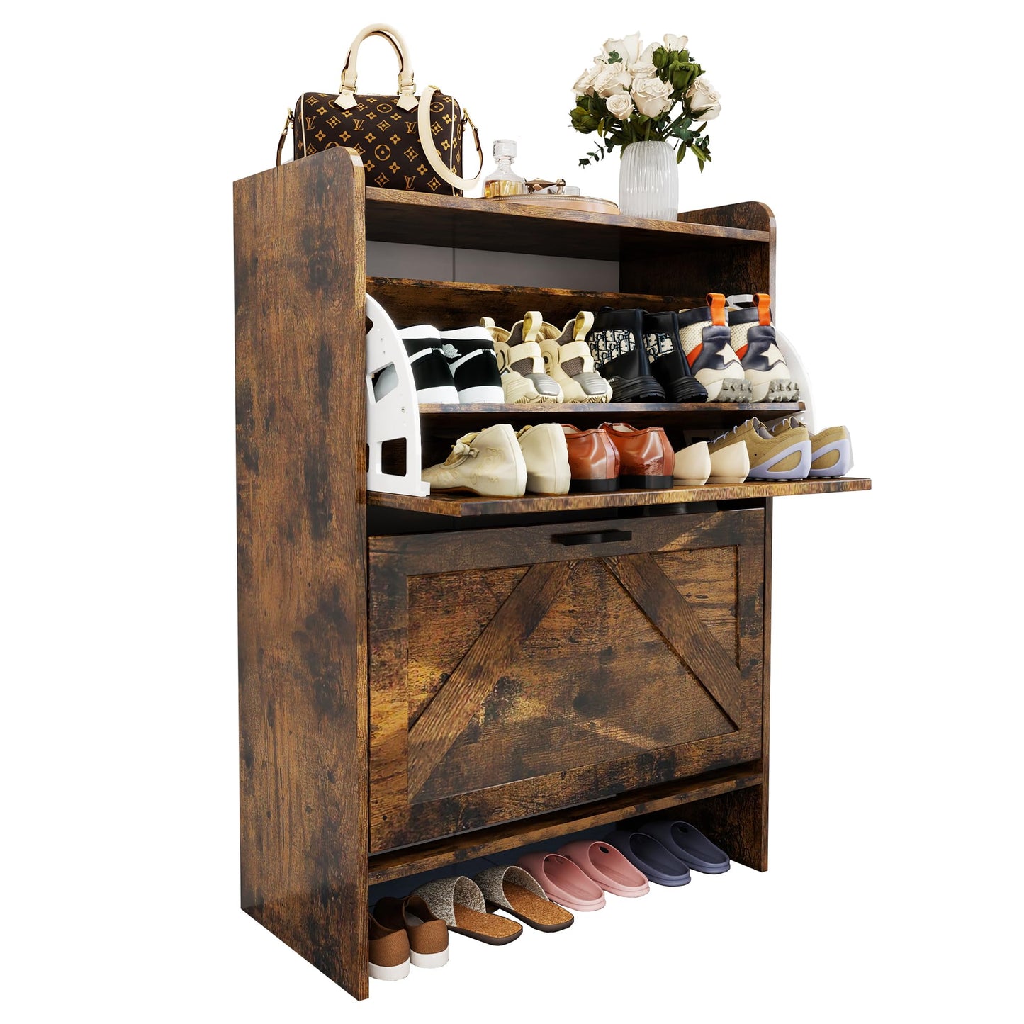 Shoe Cabinet with 2 Flip Drawers, Shoe Cabinet Storage for Entryway with Wider Adjustable Shelf, Hidden Freestanding Farmhouse Shoe Rack Organizer for High Heels, High - Top Shoes＆Plus Size Shoes