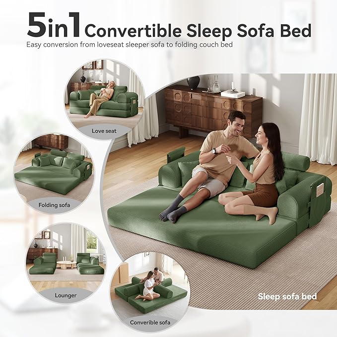 ZQRhome Convertible Folding Couch Bed, Comfy Corduroy Sleeper Floor Sofa Bed with Fixed-Shape Frame, Floor Sofa with Armrest, Lounge Couch for Living Room Bedroom Lounge Studio, High Backrest Green