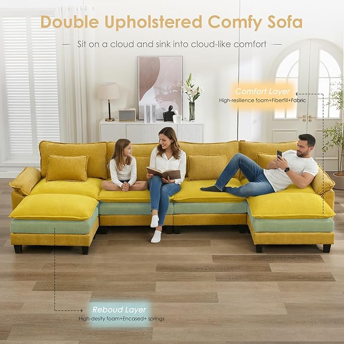URRED Cloud Couch Modular Sectional Sofa, 157" Modern U Shaped Deep Seat Sofa with 2 Ottomans & Pillows, Ultra Comfy Chenille Couches for Living Room, Bedroom or Apartment, Yellow
