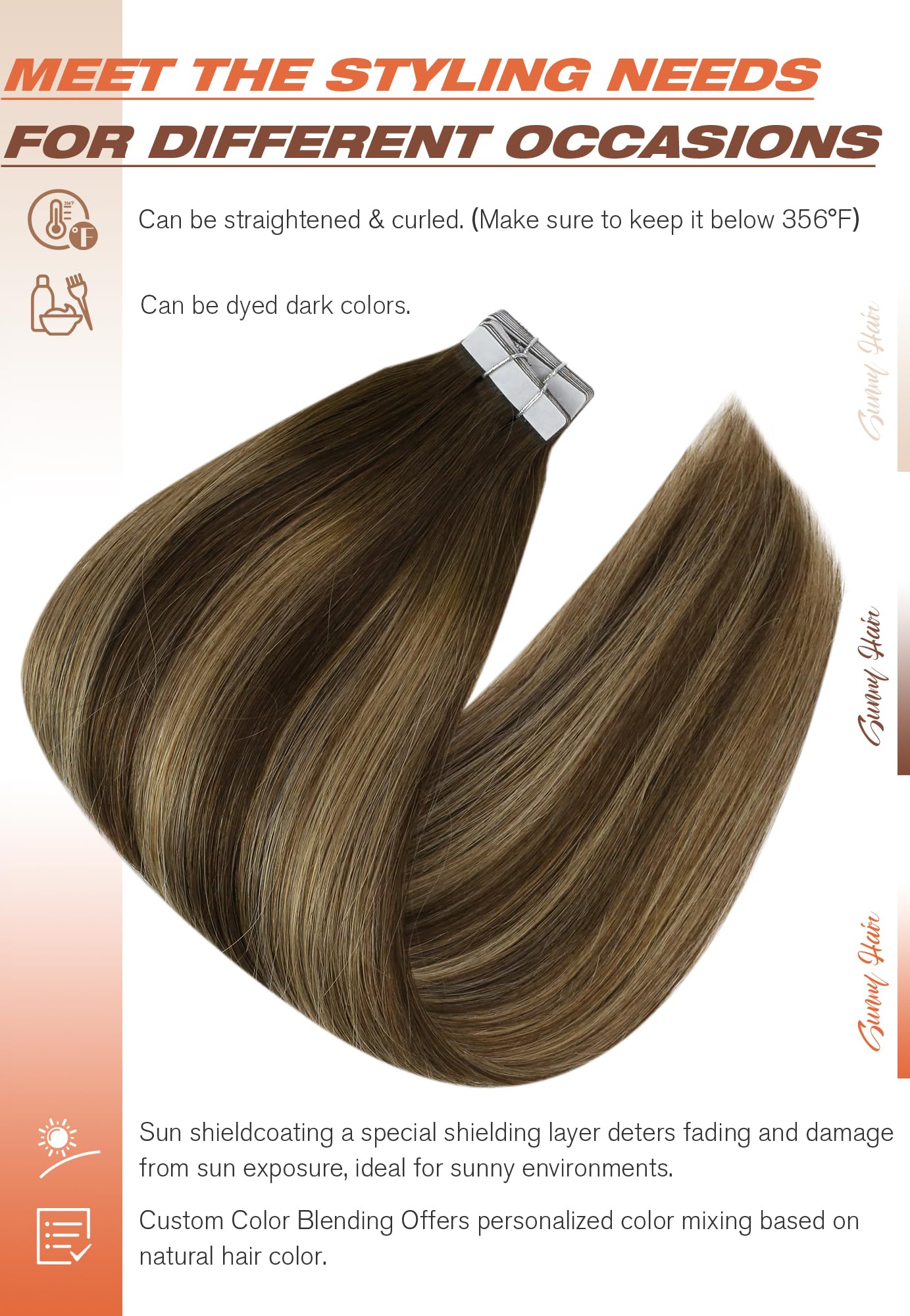 Sunny Hair Tape in Hair Extensions Real Human Hair Invisible Remy Hair Extensions Tape ins for Women Dark Brown Root to Caramel