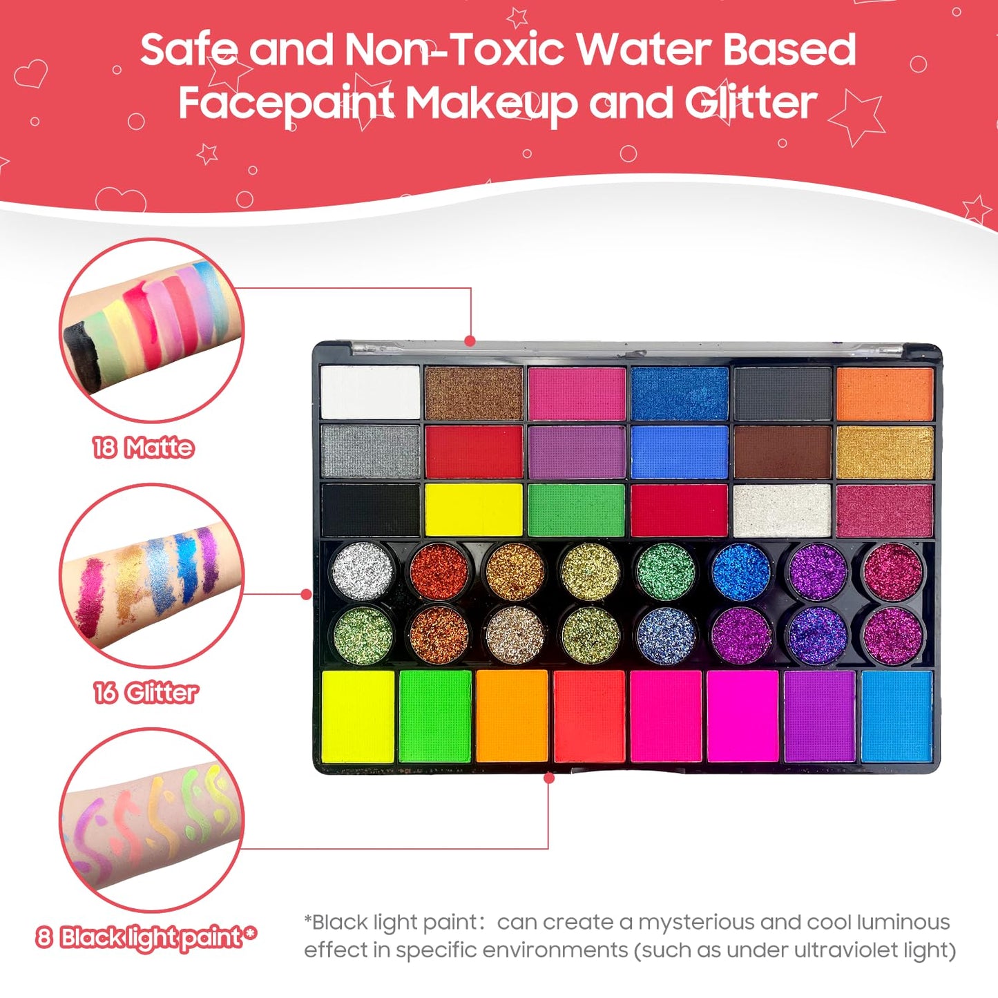 Pintada 42 Color Face Painting Kit for Kids - Non Toxic Water Activated Face Paint Palette With Stencils, Brush, Gems. For Carnival, Halloween, Costume Makeup and Any Creative Activity with Kids