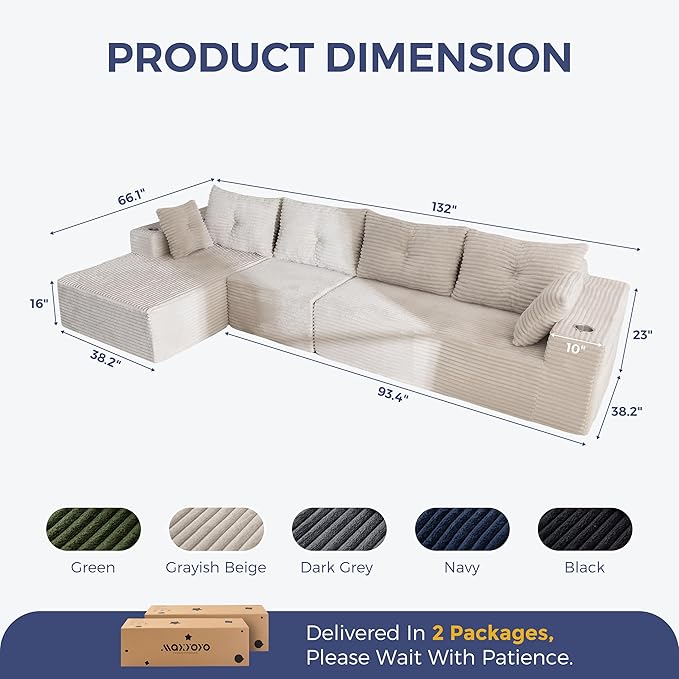 MAXYOYO 132" Oversize Modular Sectional Couch with L-Shape Chaise, Modern Boneless Couch for Living Room, Sofa in A Box, Oversized Sofa Sleeper with Deep Seat, No Assembly Required, Grayish Beige