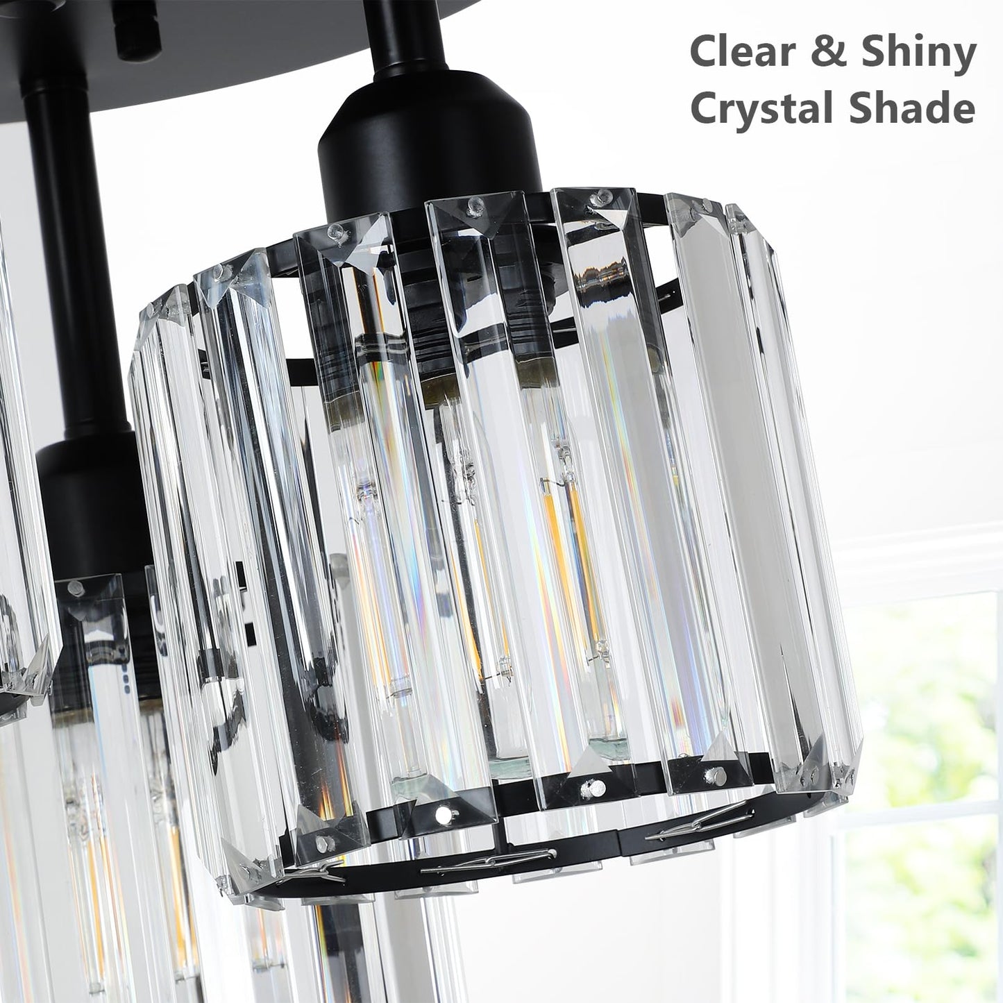 PAUFUL Crystal Semi Flush Mount Ceiling Light,3-Light Modern Close to Ceiling Light Fixtures,Black Kitchen Light Fixtures with Clear Crystal Shade,Hallway Light Fixtures for Hallway Bedroom Bathroom