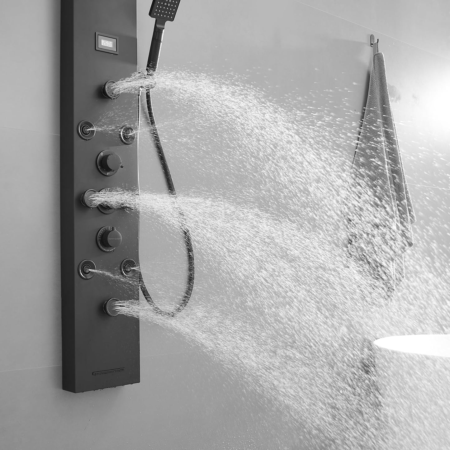 Bathfinesse Shower Panel, Shower Tower, Bathroom Shower Panel Tower System, 6 IN 1 Shower Functions, Stainless Steel Wall Mounted, Black