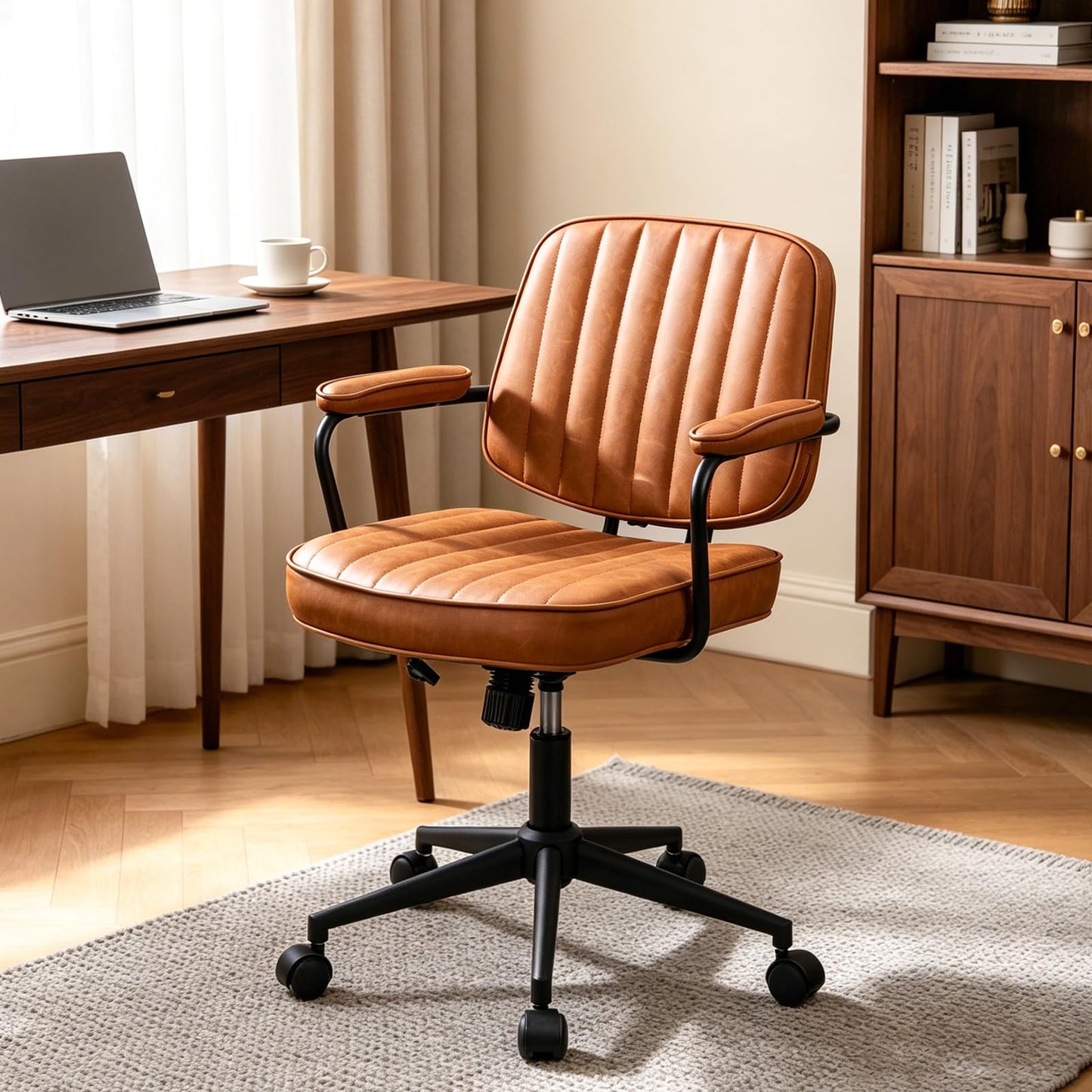 Artswish Mid Century Office Chair, Faux Leather Ergonomic Desk Chair with Arms, 360° Swivel Height Adjustable Computer Chair, Retro Home Office Task Chair with Wheels, Brown