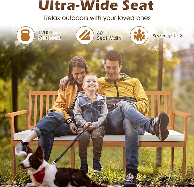 Tangkula Outdoor 3-Seat Acacia Wood Bench, 64 Inches Extra Long Chair with Cushion, Slatted Seat & Backrest, 3-Person Patio Wood Bench for Backyard, Porch, Balcony & Garden