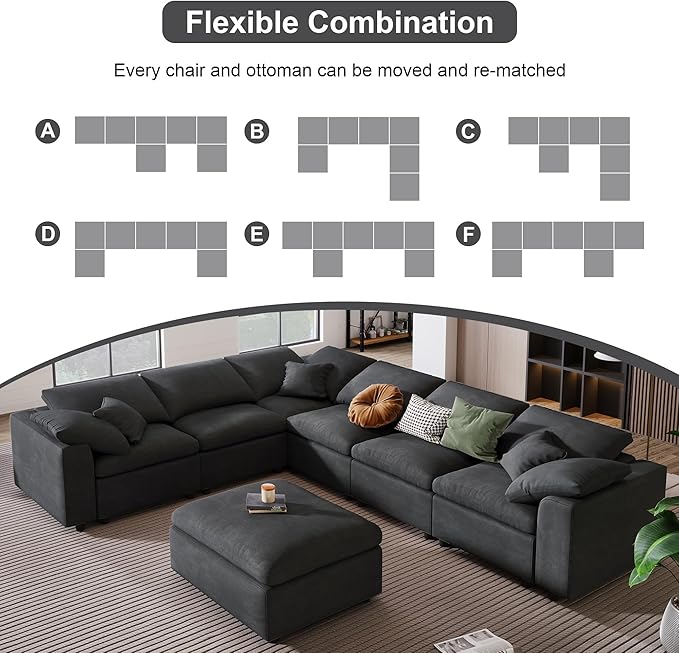 KIVENJAJA 130.3" W Oversized Modular Sectional Cloud Sofa Couch, Large Living Room Furniture Set, 7 Seater Convertible with Ottoman for Large Spaces, Chenille Fabric, Modern Style, Dark Grey