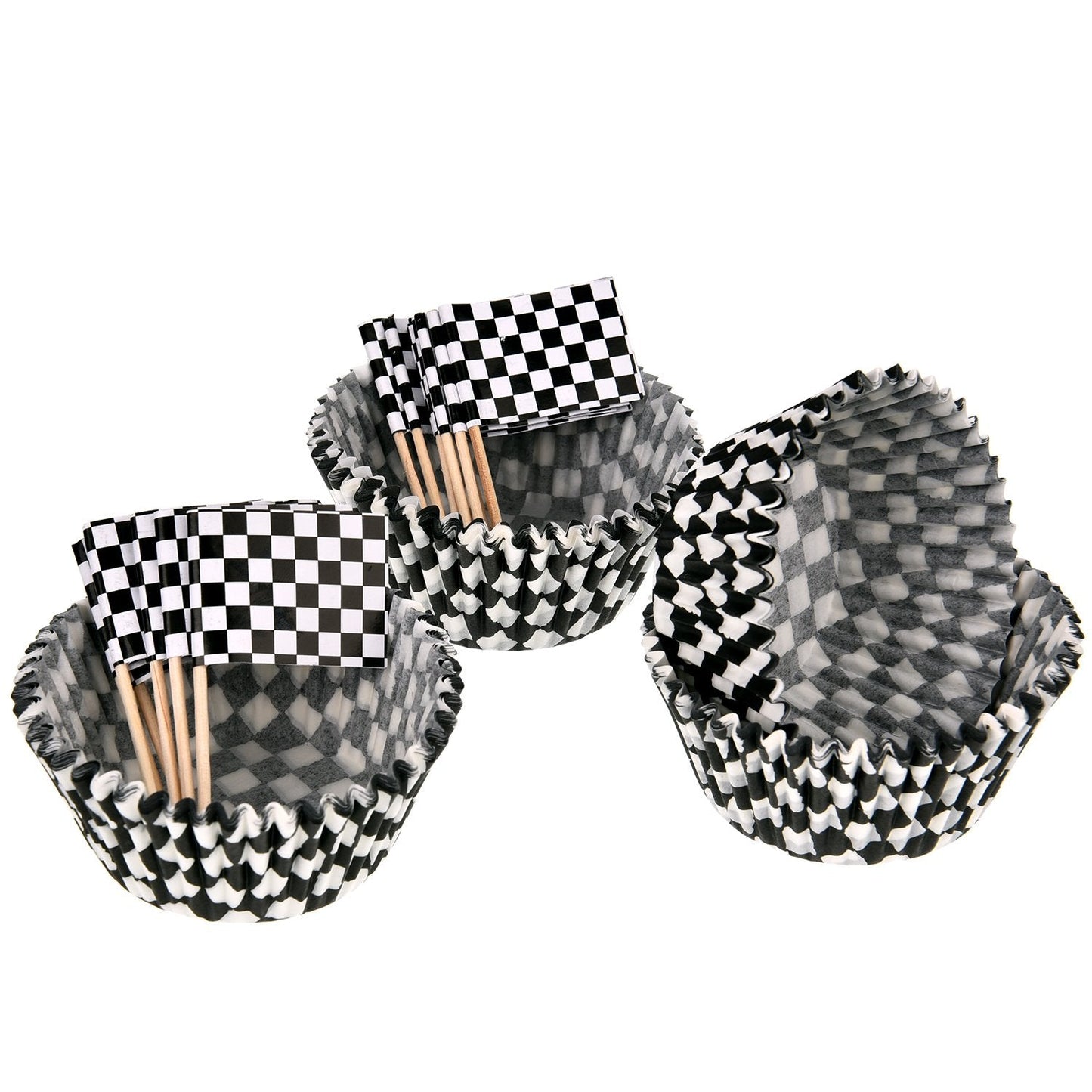 TecUnite 100 Pieces Checkered Flag Cupcake Wrapper Liner Racing Car Cupcake Toppers and 100 Pieces Checkered Flag Toothpicks Racing for Cake Decorations(Black and White)