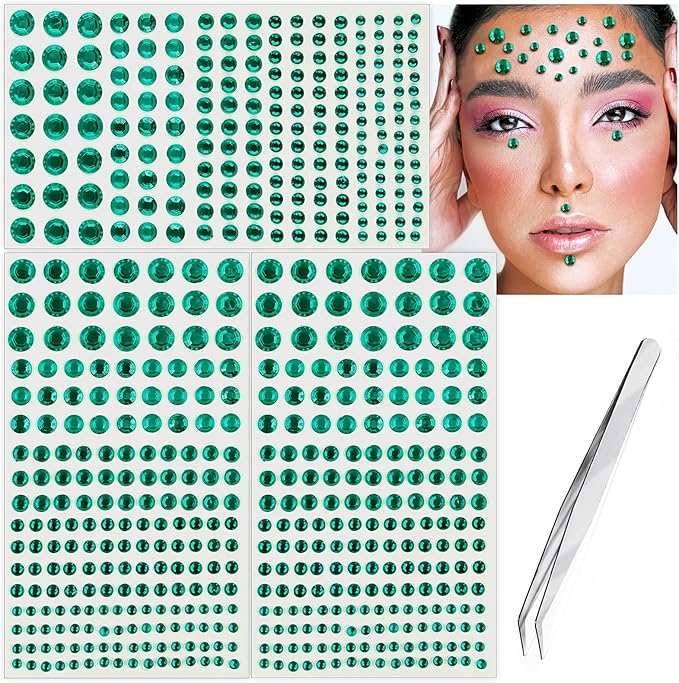 591pcs Face Gems Hair Gems Pearls, Self-Adhesive Face Jewels Eye Rhinestones 3/4/5/6/8 mm Face Gem Stick on, Halloween Makeup Gems Rave Accessories for Face Eyes Body Makeup (20.Dark Green)