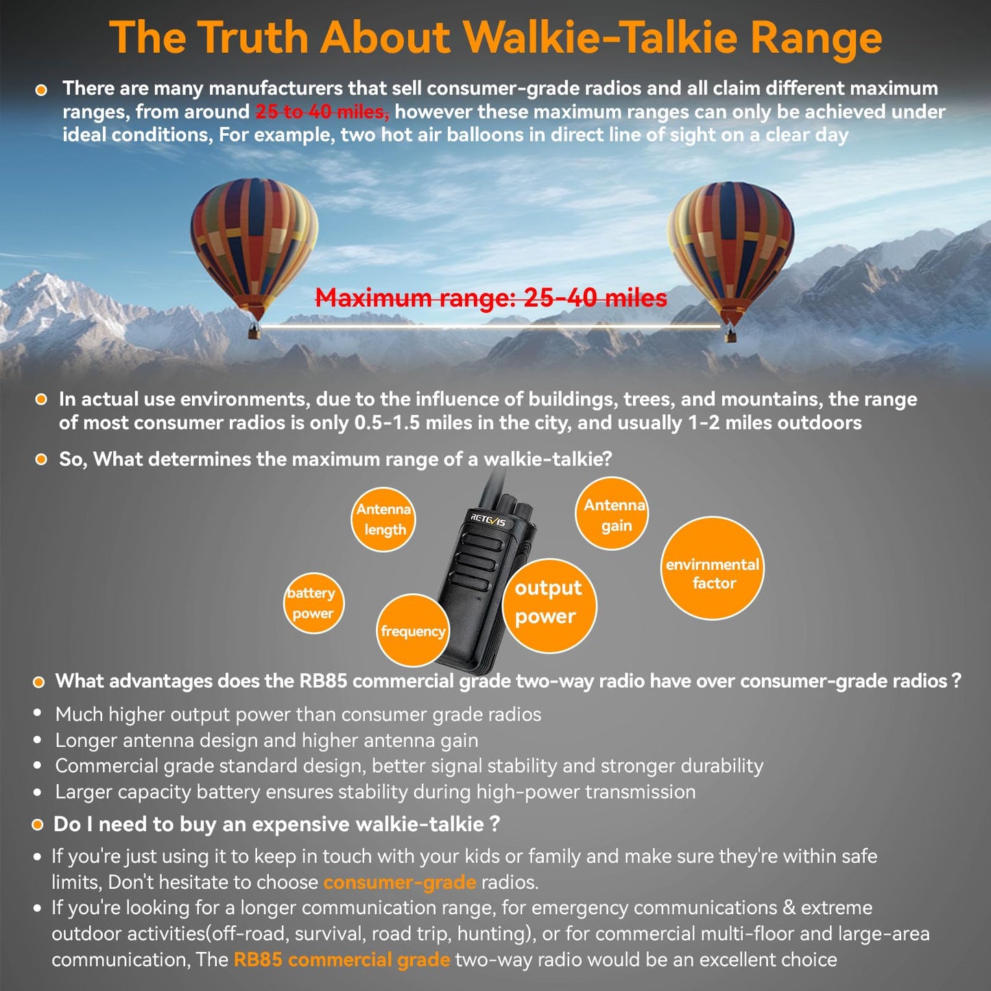 Retevis Rb85 Long Range 2 Way Radio,High Power Noise Cancelling Two Way Radio With Clear Sound,Vox,2000Mah Battery Rechargeable,