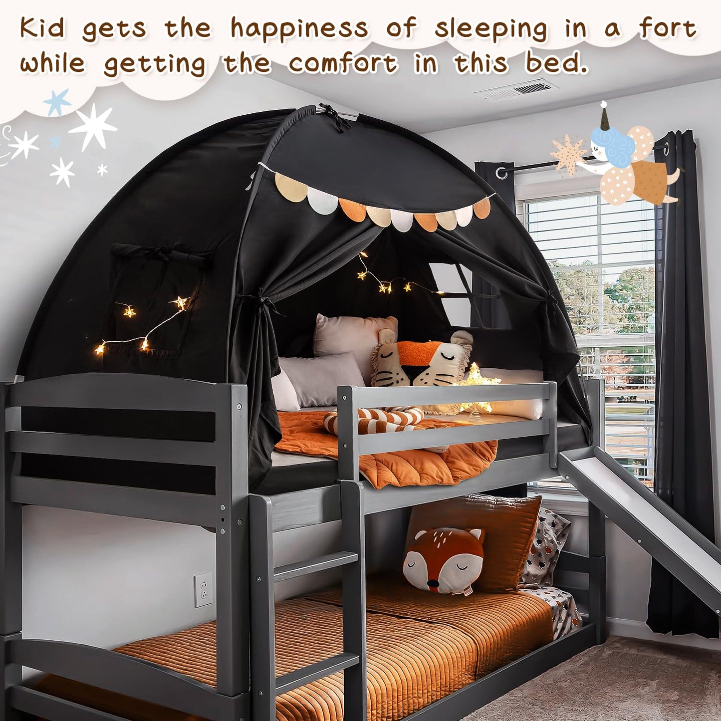 Twin Size Bed Canopy Toddler, Kids Bed Tents Indoor Dream Tent on Bunk Bed Privacy Space Blackout Sleeping Tents Portable Drafty Floor Playhouse for Boys Girl Birthday, Christmas House Gift, Black