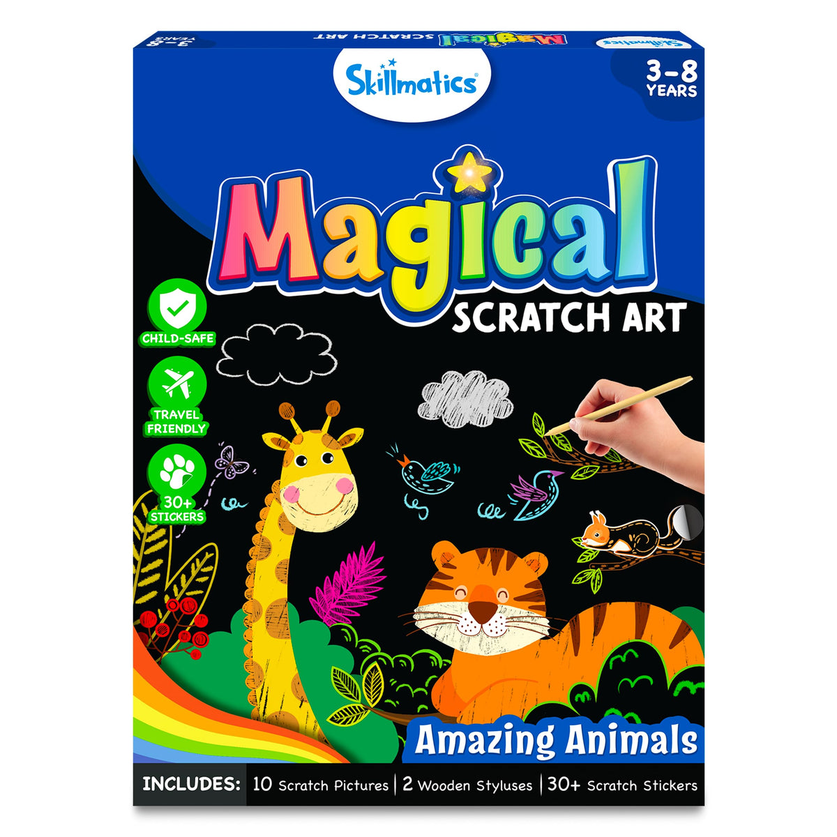 Skillmatics Scratch Art Book for Kids - Animals, Craft Kits & Supplies, 30+ Scratch Stickers, Travel Toys, DIY Kit, Gifts for Boys & Girls Ages 3, 4, 5, 6, 7, 8