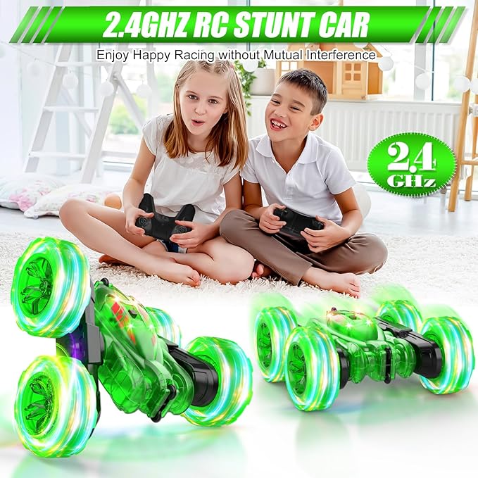 Remote Control Car-Rechargeable Fast Direct Charging RC Cars For Kids with Colorful Light,Double-Sided 360° Rotating Stunt 4WD RC Truck Car Toys for Ages 5-7 Gift for Boys Girls Aged 8-12 Green