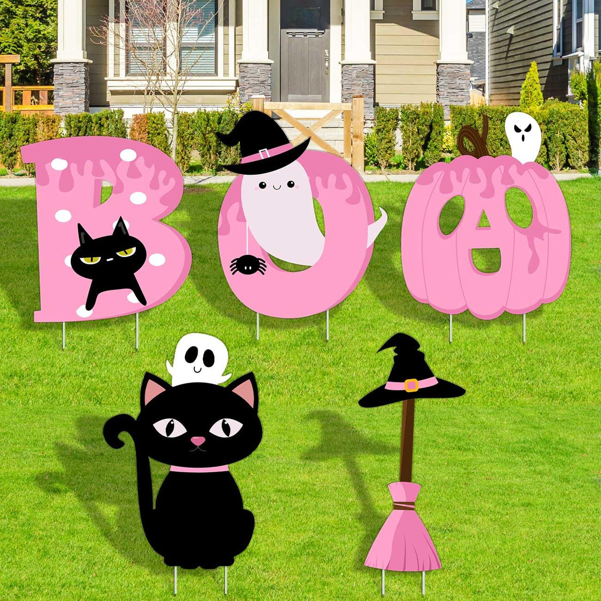 Halloween Decorations Outdoor Pink BOO Yard Signs Happy BOO Day Halloween Yard Decor with Stakes Halloween Pink Pumpkin Lawn Decorations for Garden Home Decor 5PCS