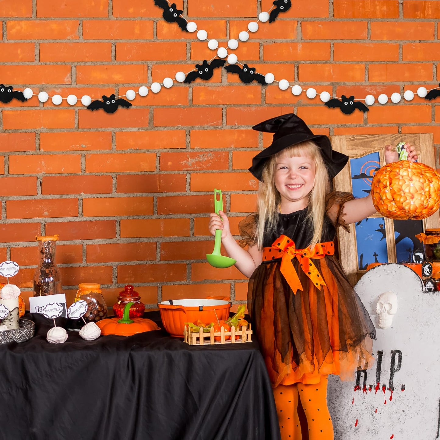 AnyDesign 8.2Ft Felt Garland with 3D Black Bats, White Pom Pom Balls - Halloween Banner for Home Decoration