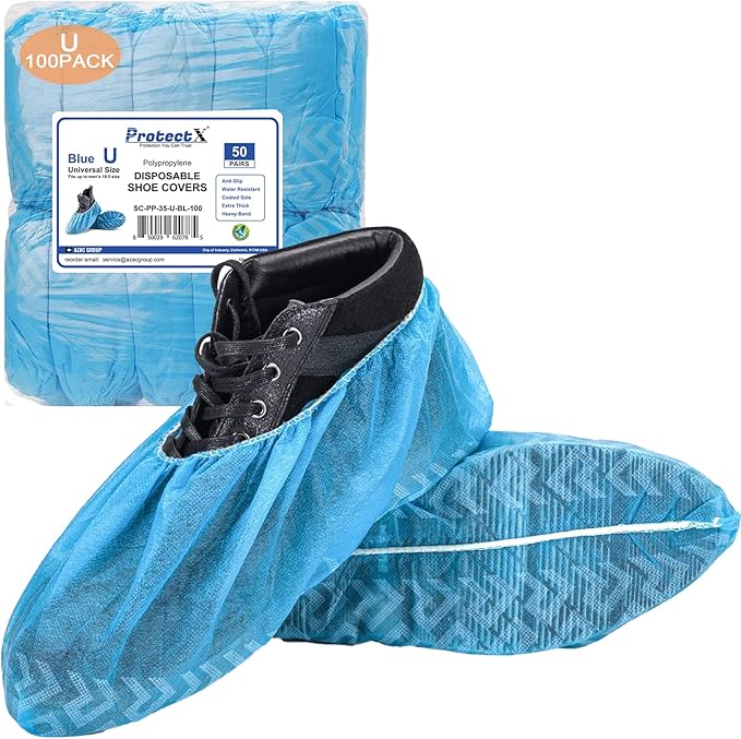 ProtectX Premium Disposable Shoe Covers, Large 100-pack (50 pairs), Water & Slip Resistant, Durable Non-Woven Polypropylene Fabric for Booties, Fits Up to 10.5 US Men and 12 US Women Size, Blue