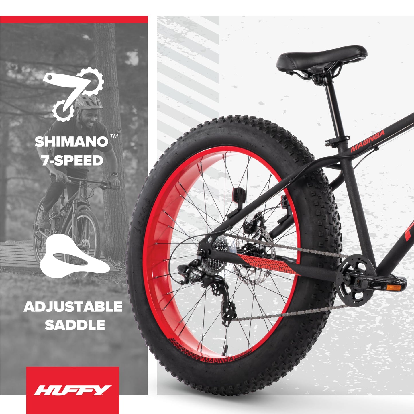 Huffy Maunga Mens Fat Tire Bike, 4-Inch Knobby Tires, Off-Road Mountain Bike, Dual Disc Brakes, Steel Frame, 7-Speed Shimano Twist Shifting