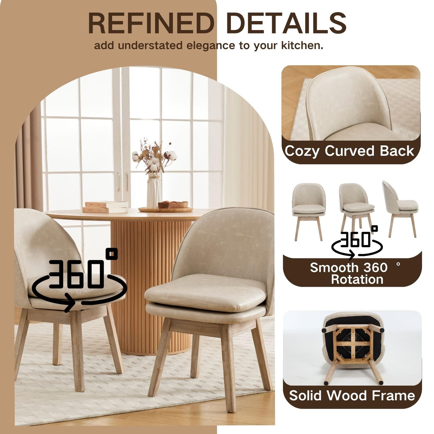 Upholstered Dining Chairs Set of 2, Modern Faux Leather Dining Room Chairs with Solid Wood Legs & Double-Padded Seat, Swivel Accent Desk Chair for Kitchen Dining Room Restaurant - Pebble Grey