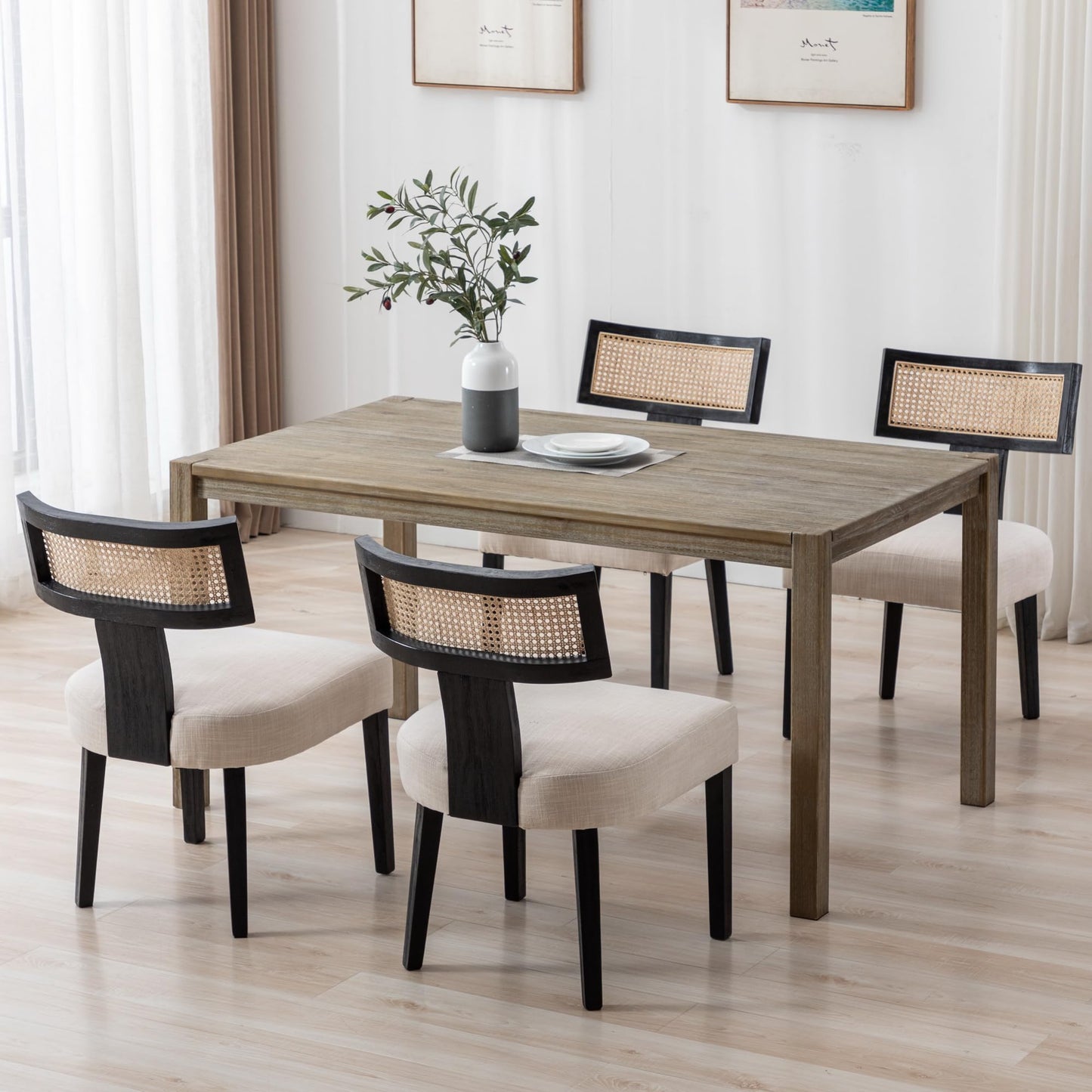 BESTANO Rattan Dining Chairs Set of 6, Mid-Century Modern Black Wooden Farmhouse Dining Chairs Linen Fabric Upholstered Kitchen Dining Room Chairs with Curved Cane Back, Beige