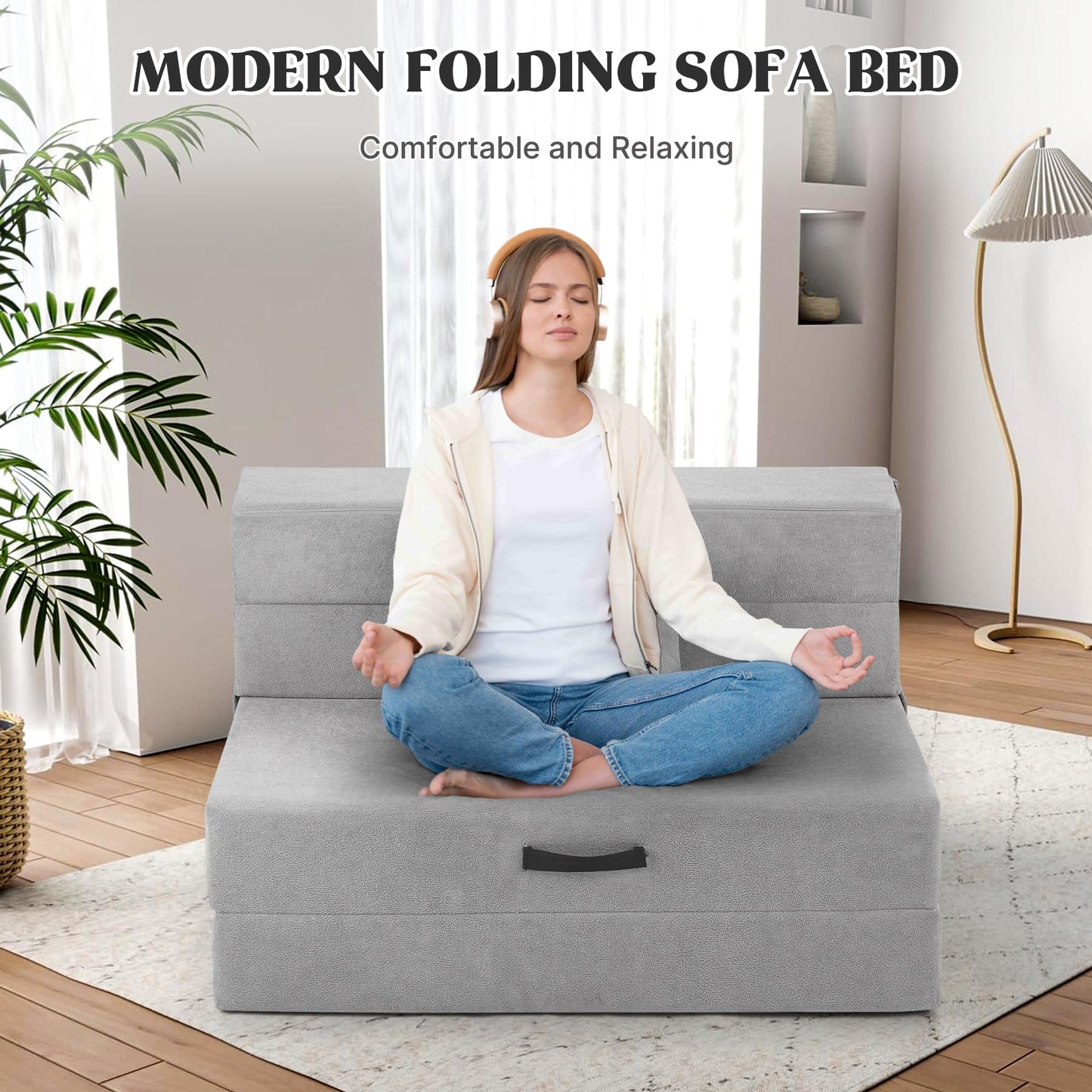 Aivermeil Folding Sofa Bed Couch Futon Sleeper Chair with Pillow, Convertible Futon Couch, Foldable Mattress, Washable Cover, for Living Room/Dorm/Guest Room, Single Size, Light Gray