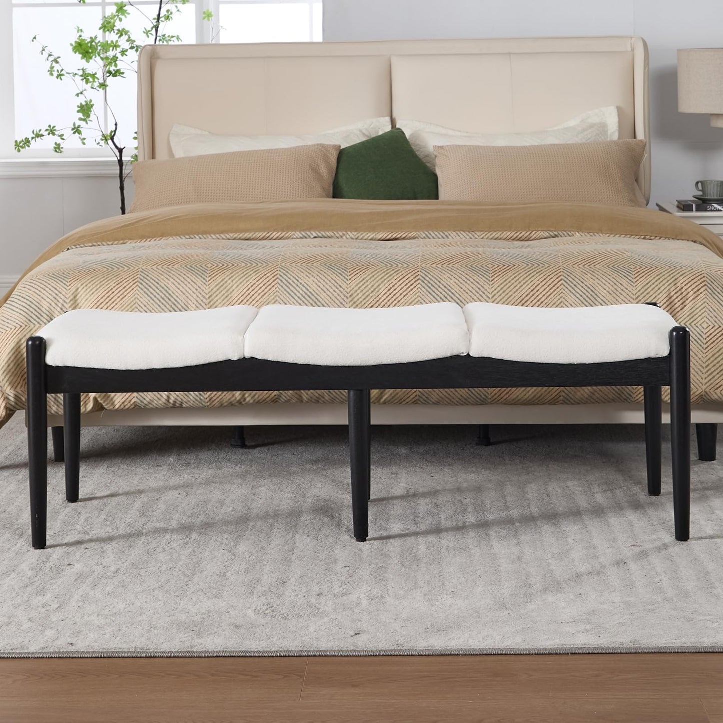 DUOMAY 55'' Modern Ottoman Bench, Chenille Upholstered Entryway Bench Bedroom Bench with Wood Legs, End of Bed Bench for Bedroom, Living Room, Corners, Kitchen, White