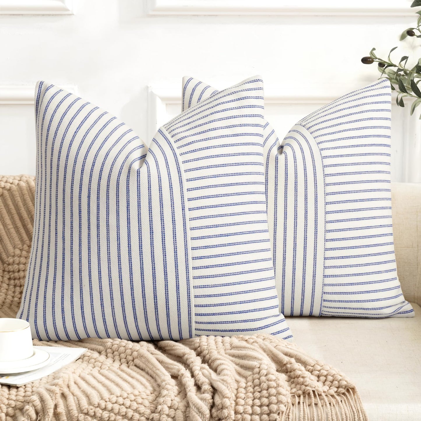 Farmhouse Pillow Covers 18x18, Modern Accent Square Throw Pillow Covers Set of 2, Blue and Beige Striped Patchwork Linen Decorative Pillows Cushion Covers for Couch Chair Bedroom Fall Decorations