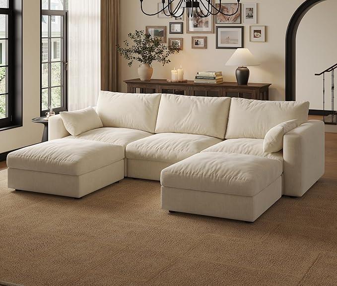 Cloud Modular Sectional Sofa Couch with Storage Ottoman, 99" Oversized Sectional Couches for Living Room, Cloud Modular U-Shaped Sofa with Chaise, 5 Seater, Chenille, Beige