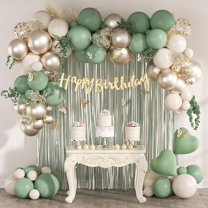 Sage Green Birthday Party Decorations with Happy Birthday Banner Green Fringe Curtain Butterfly Decorations Foil Balloons ...
