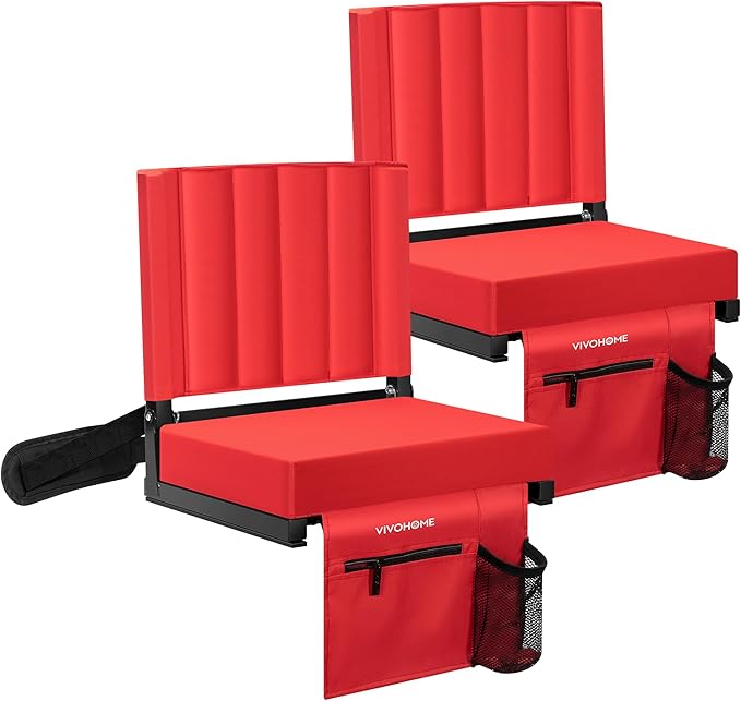 VIVOHOME 2 Pack Stadium Seats with Back Support and Cushion, Portable Bleacher Chair with Cup Holder and Shoulder Strap Red