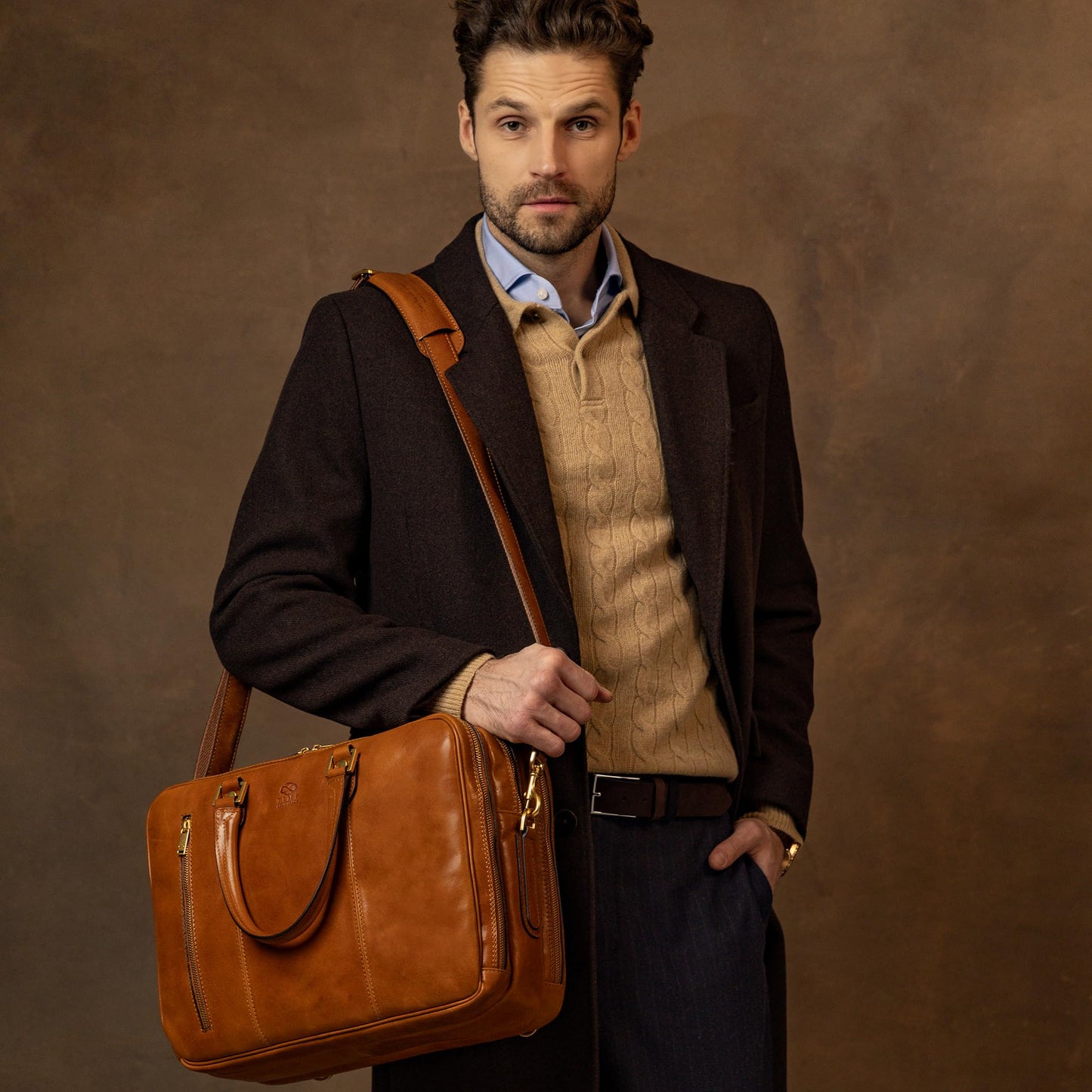 Time Resistance Leather Laptop Briefcase - Full Grain Leather Computer Bag for Men and Women (Cognac Brown)