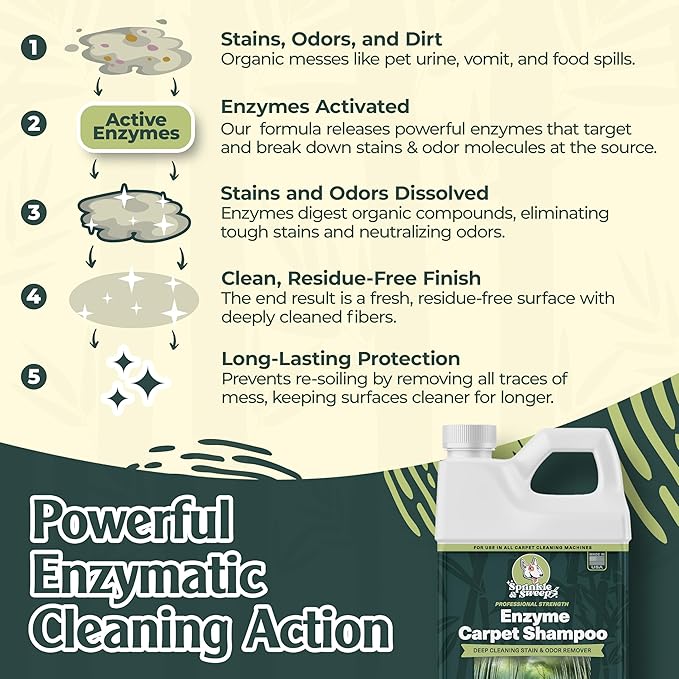 Sprinkle & Sweep Enzyme Carpet Cleaner - Enzyme Carpet Shampoo (32oz) - Carpet Cleaner Solution to Eliminate Tough Stains & Neutralize Odors - Removes Dog, Cat, All Pets Urine- Use with All Machines