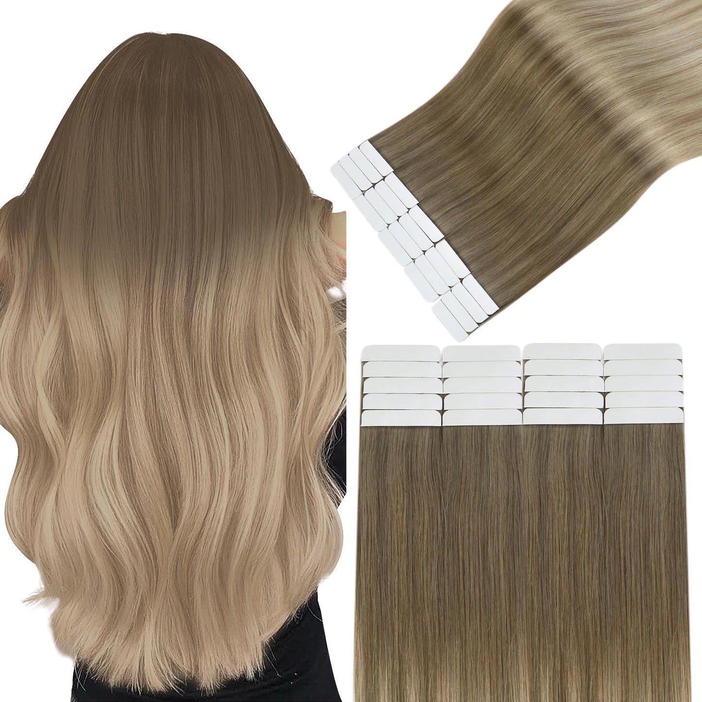 Easyouth Tape in Human Hair Extensions Blonde Balayage Tape Hair Extensions Real Human Hair Light Brown Ombre Ash Blond with Pla