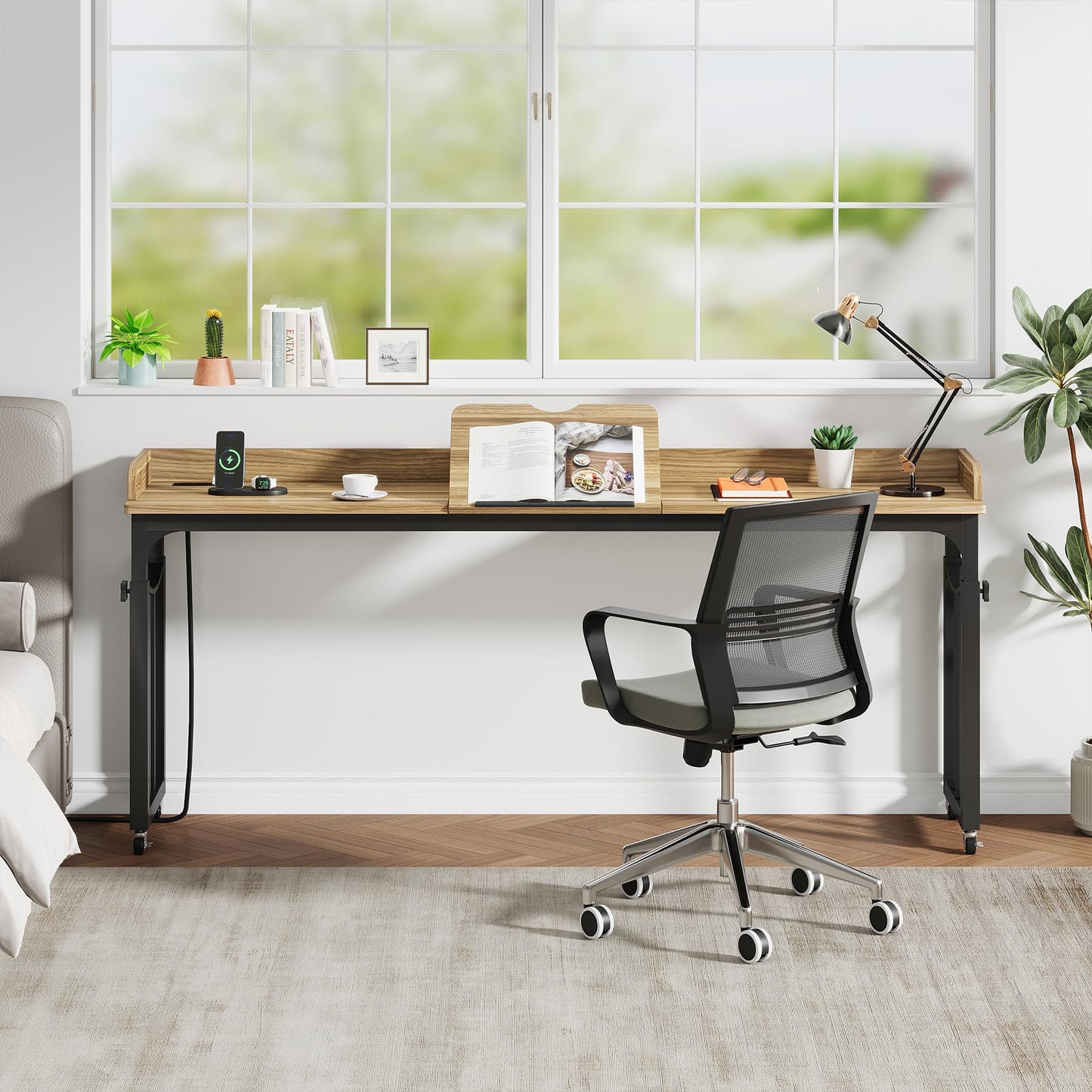 Condemo Overbed Table with Wheels and Height Adjustable, 71 inch Queen Size Bed Table with Adjustable Tilt Board, Mobile Laptop Cart Computer Desk with Outlets & USB Ports, Light Brown