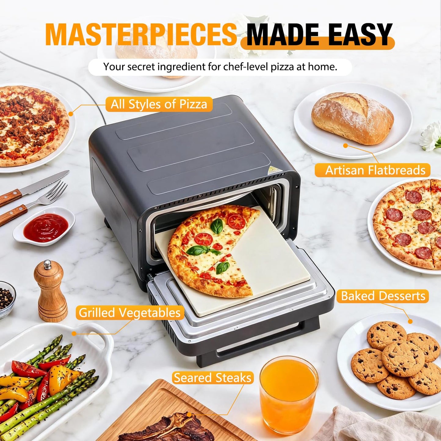 Sweetcrispy 1600W Electric Pizza Oven with Digital Display, 6 Preset Functions, 750°F High Heat, Pizza Stone & Pizza Peel Included, Countertop Air Fryer Oven for Homemade Pizza