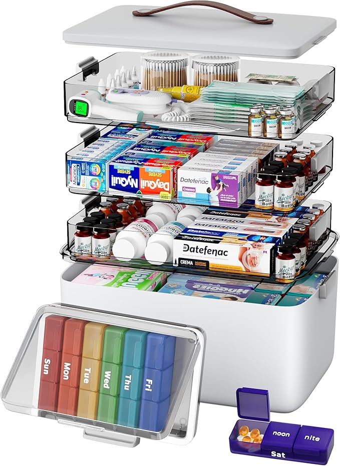 CTIME 4-Tier XL Medicine Organizer with Leather Handle - Portable Pill Case & Empty First Aid Kit for Home, Travel, RV, Sc...
