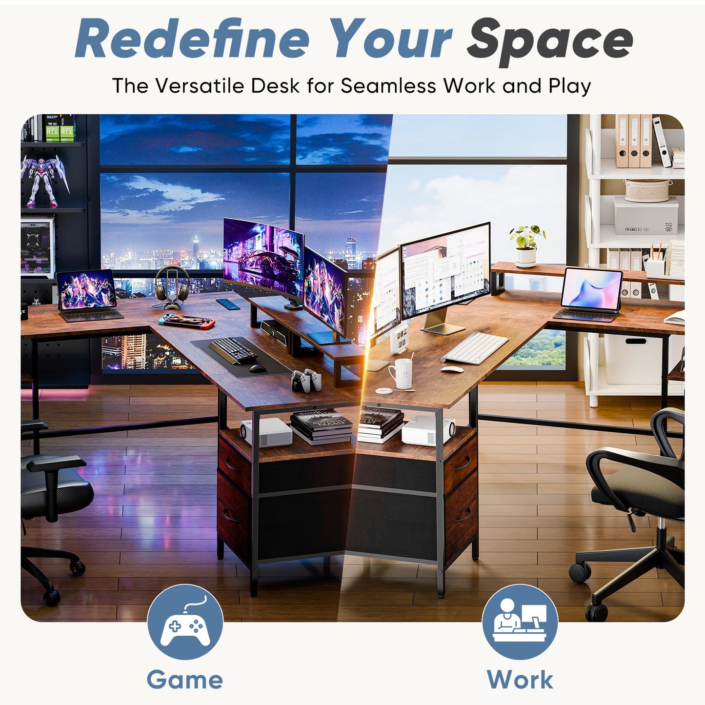 HAPPYMONT L Shaped Gaming Desk with Power Outlet & 2 Monitor Stands, Computer Desk with Drawer & Adjustable Storage Shelves, Large Corner Desk for Home Office, Rust Brown