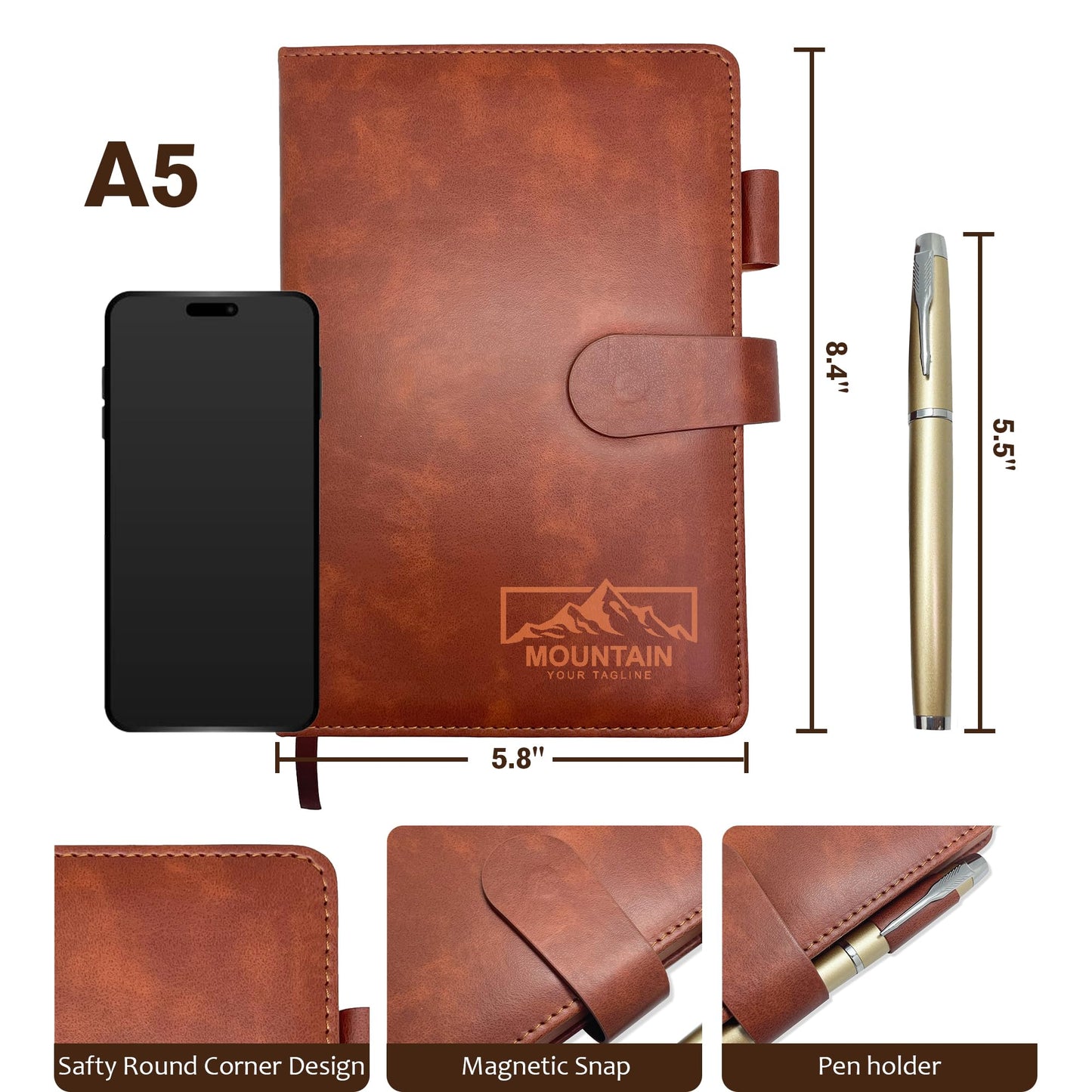 Personalized Notebook with Pen and Gift Box, Custom Logo Leather Journal, Gifts for Women Men, Engraved Journals To Write In, Birthday, Best Friend, Mom, Sister, Corporate, Business Gift (Logo-Brown)