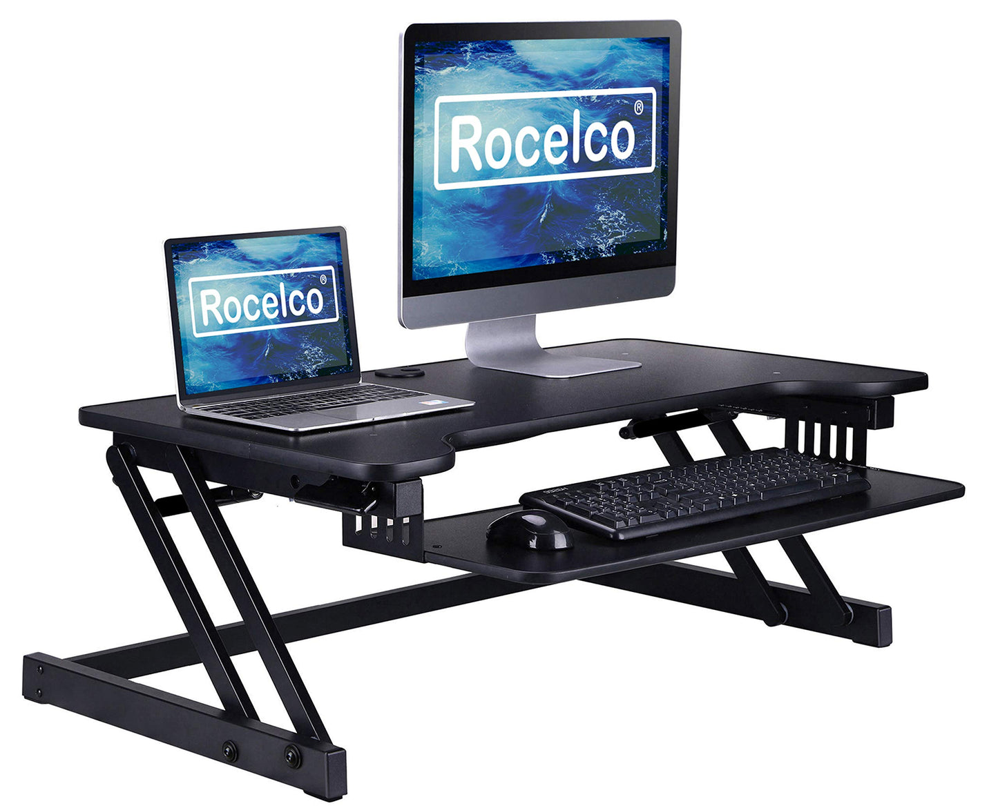 Rocelco 37.5" Deluxe Height Adjustable Standing Desk Converter - Quick Sit Stand Up Dual Monitor Riser - Gas Spring Assist Computer Workstation - Large Retractable Keyboard Tray - Black (R DADRB)