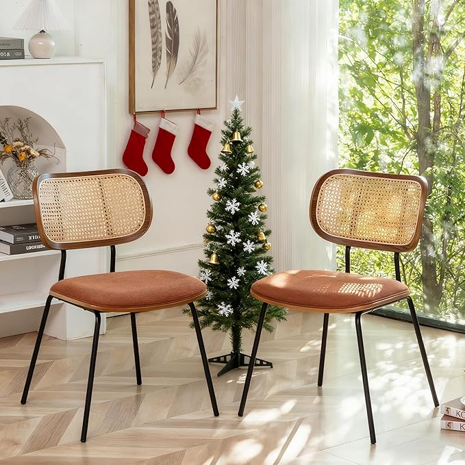 HOCEWI Rattan Dining Chairs Set of 2, Christmas Decoration Mid Century Modern Dining Chairs with Cane Back for Kitchen Dining Room, 19 Inch Fabric Orange