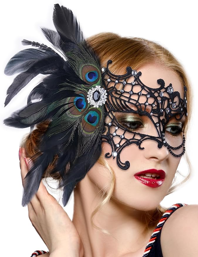 Zinniday Halloween Masquerade Masks for Women - 2026 Peacock Feather Lace Mask 1920s Venetian Eyemask for Party